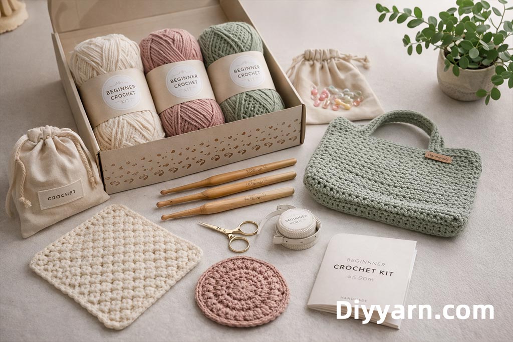 Easy beginner crochet projects including coaster scarf dishcloth and tote bag